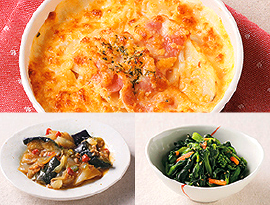 ポテトのチーズグラタン
なすのそぼろみそ炒め
菜の花のからしあえ